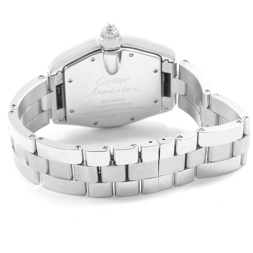 The image shows the back view of the Cartier Roadster W62048V3 Men's Stainless Steel Blue Dial W62048V3 Men's Stainless Steel Blue Dial watch, highlighting its bracelet and case back.