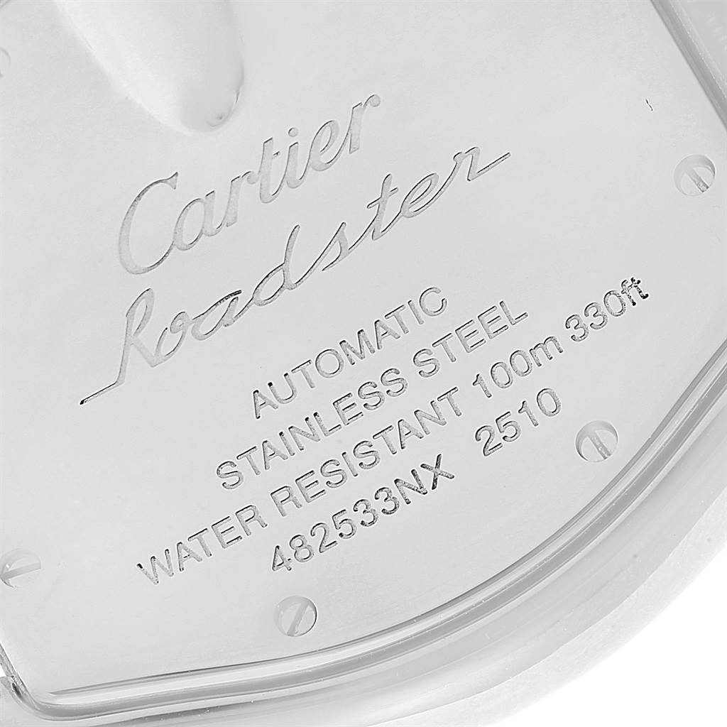 The image shows the stainless steel back case of a Cartier Roadster W62048V3 Men's Stainless Steel Blue Dial W62048V3 Men's Stainless Steel Blue Dial watch, detailing water resistance, model, and material.