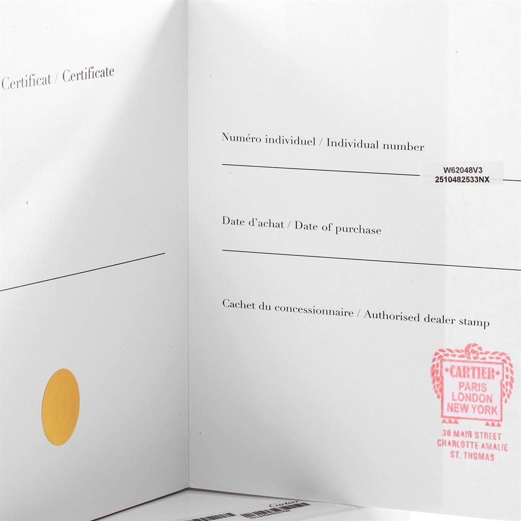 This image shows the certificate of authenticity for a Cartier Roadster W62048V3 Men's Stainless Steel Blue Dial W62048V3 Men's Stainless Steel Blue Dial watch, including sections for the individual number, purchase date, and dealer stamp.