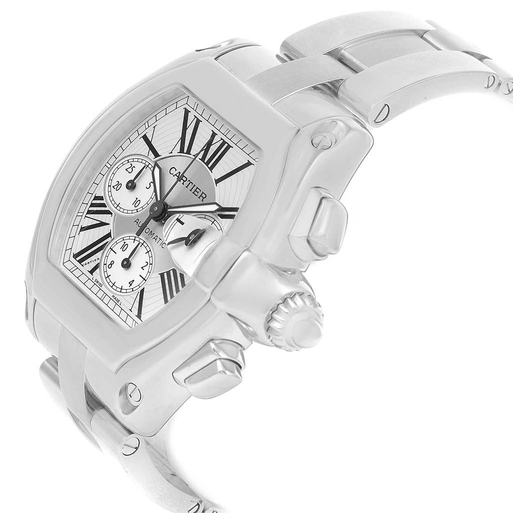 The image shows the Cartier Roadster W62019X6 Men's Stainless Steel Silver Dial W62019X6 Men's Stainless Steel Silver Dial watch viewed from a three-quarter angle, highlighting the face, crown, and part of the bracelet.