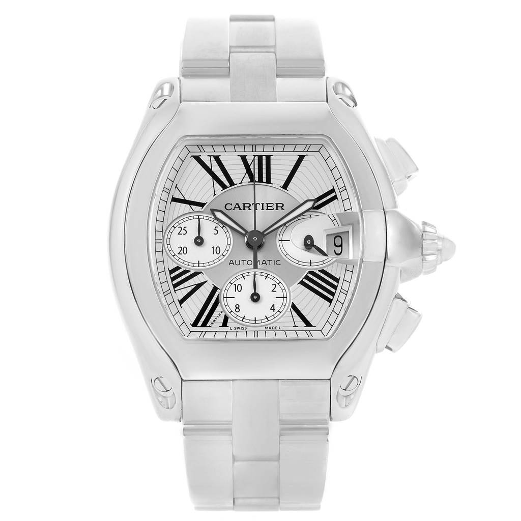 This image shows a front view of a Cartier Roadster W62019X6 Men's Stainless Steel Silver Dial W62019X6 Men's Stainless Steel Silver Dial watch, displaying the face, case, and bracelet.