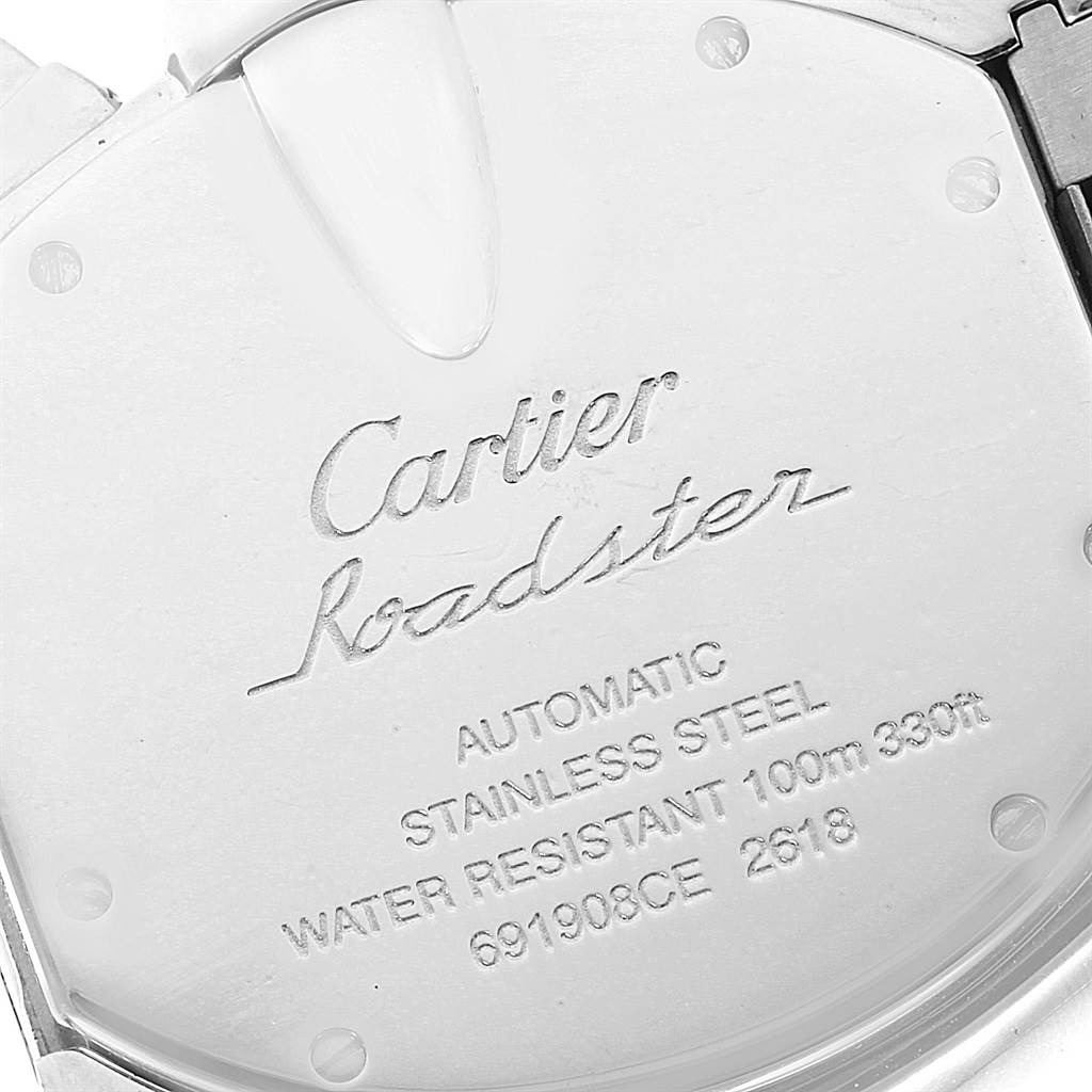 This image shows the back case of a Cartier Roadster W62019X6 Men's Stainless Steel Silver Dial W62019X6 Men's Stainless Steel Silver Dial watch, detailing its specifications.