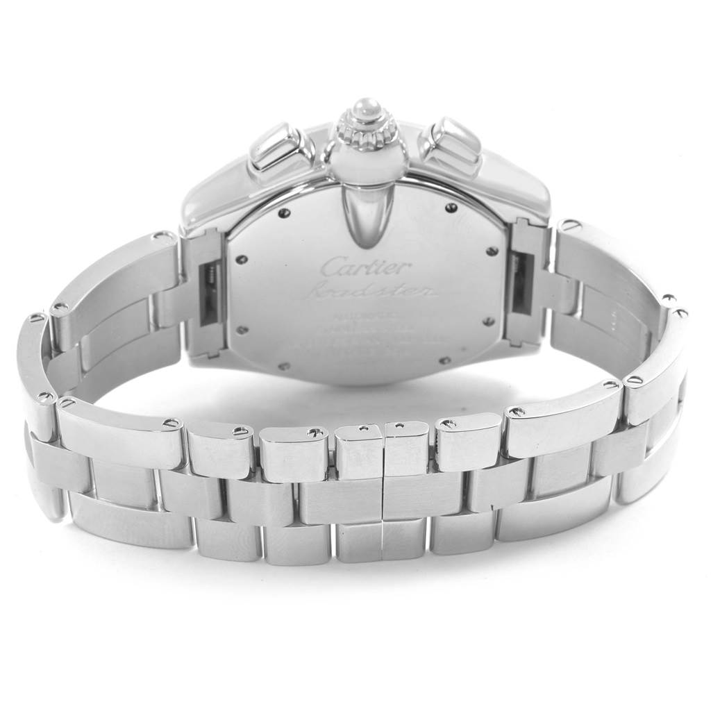 The image displays the back view of the Cartier Roadster W62019X6 Men's Stainless Steel Silver Dial W62019X6 Men's Stainless Steel Silver Dial watch, showing the case back, crown, and bracelet links.