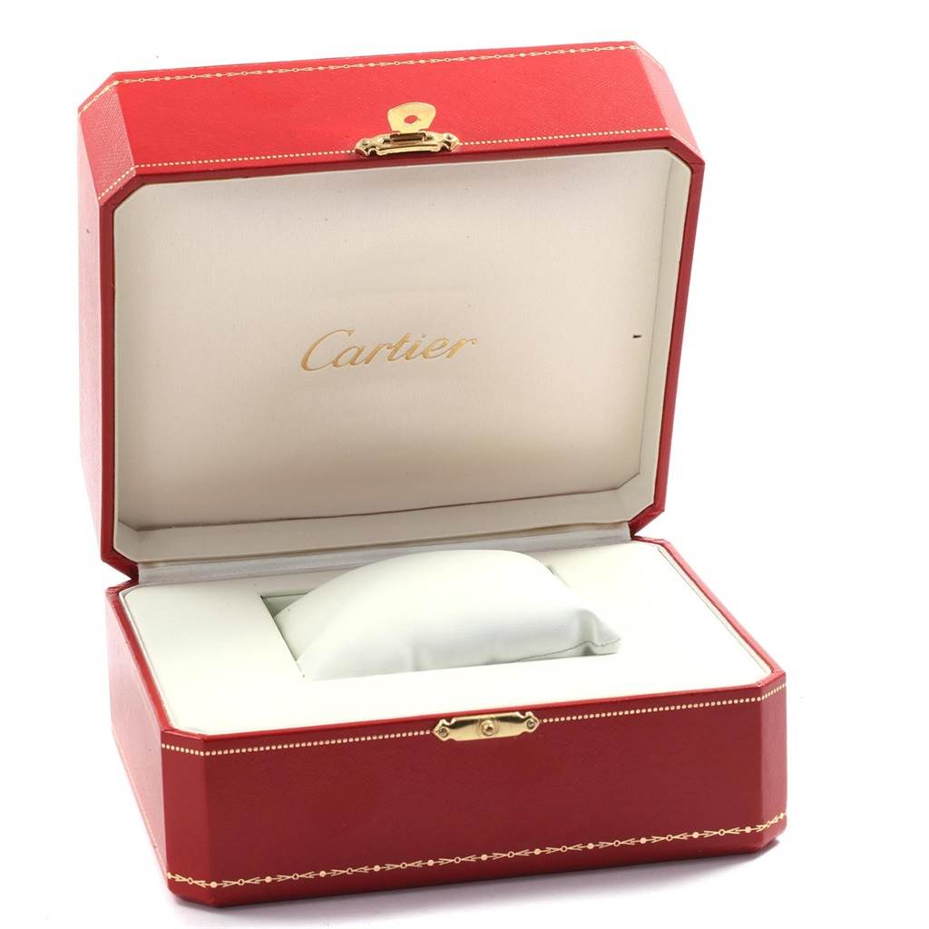The image shows an open Cartier watch box, designed for the Roadster model, viewed from the front at an eye-level angle.