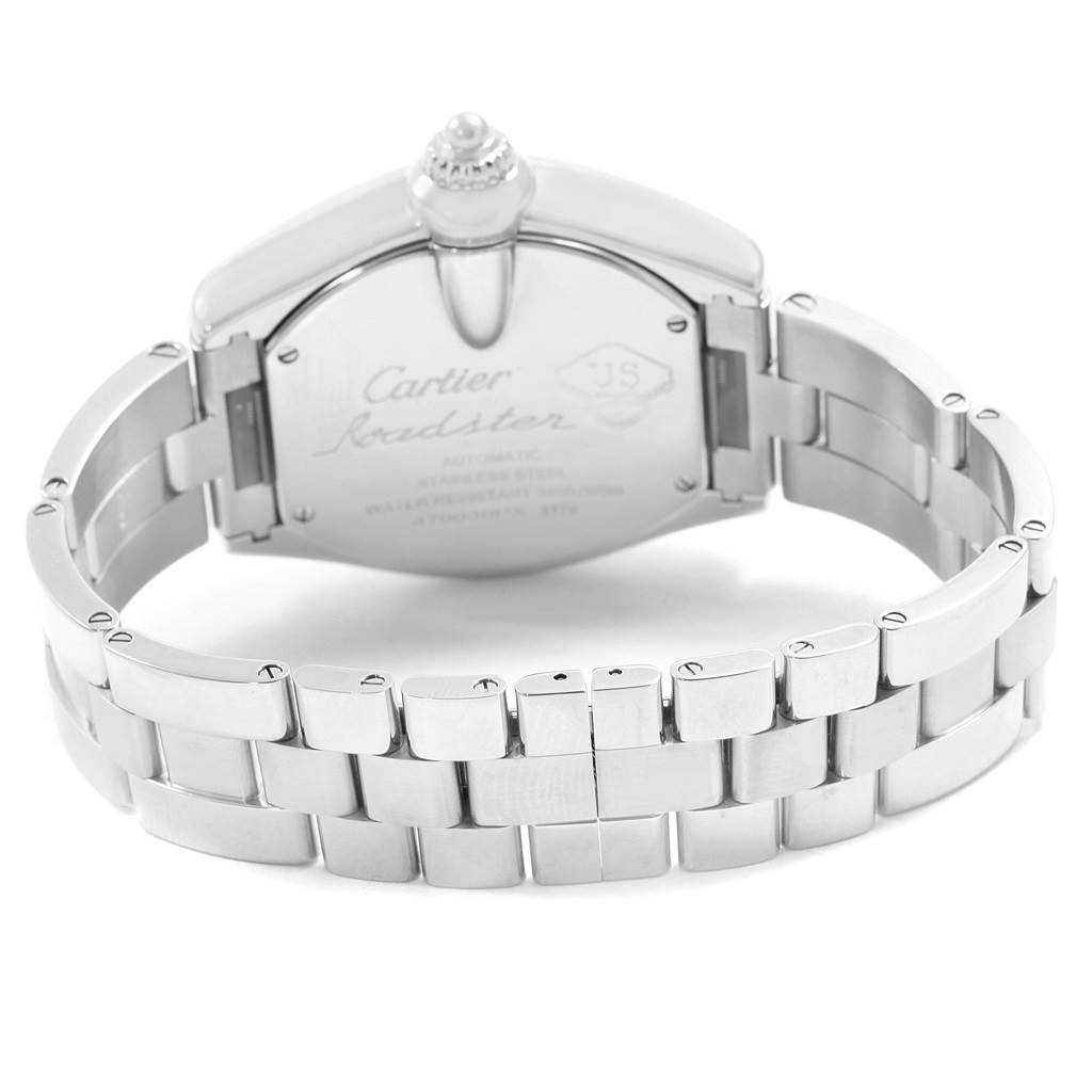 The image shows the back view of a Cartier Roadster W6206012 Men
s Stainless Steel Blue Dial W6206012 Men
s Stainless Steel Blue Dial watch, highlighting its stainless steel case and bracelet.