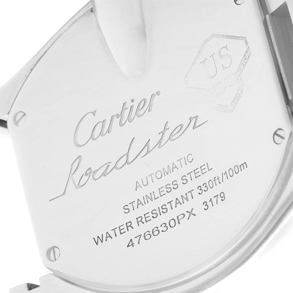 The image shows the back case of a Cartier Roadster W6206012 Men
s Stainless Steel Blue Dial W6206012 Men
s Stainless Steel Blue Dial watch, displaying its branding and specifications.