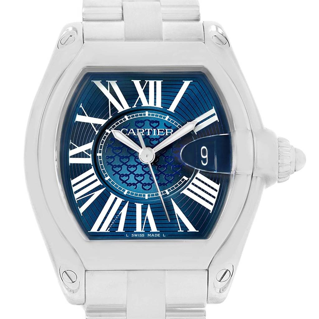 The image shows a close-up view of a Cartier Roadster W6206012 Men
s Stainless Steel Blue Dial W6206012 Men
s Stainless Steel Blue Dial watch, highlighting the dial, hands, and part of the bracelet.