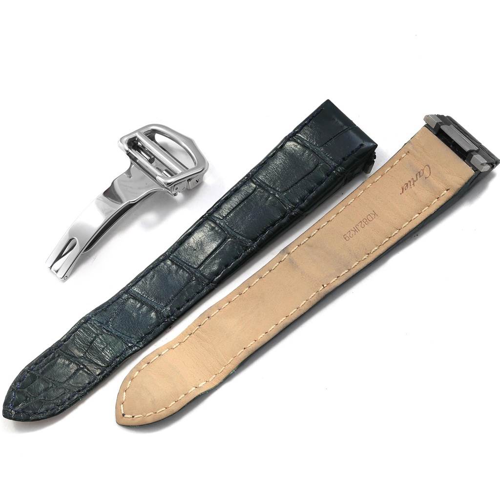 The image shows a strap and a clasp for the Cartier Roadster W6206012 Men
s Stainless Steel Blue Dial W6206012 Men
s Stainless Steel Blue Dial watch, with the strap placed flat and the clasp angled slightly sideways.