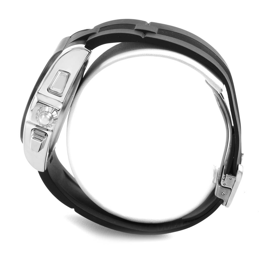 The image shows a side view of a Cartier Roadster W6206020 Men's Stainless Steel Silver Dial W6206020 Men's Stainless Steel Silver Dial watch, highlighting the crown and part of the black strap.