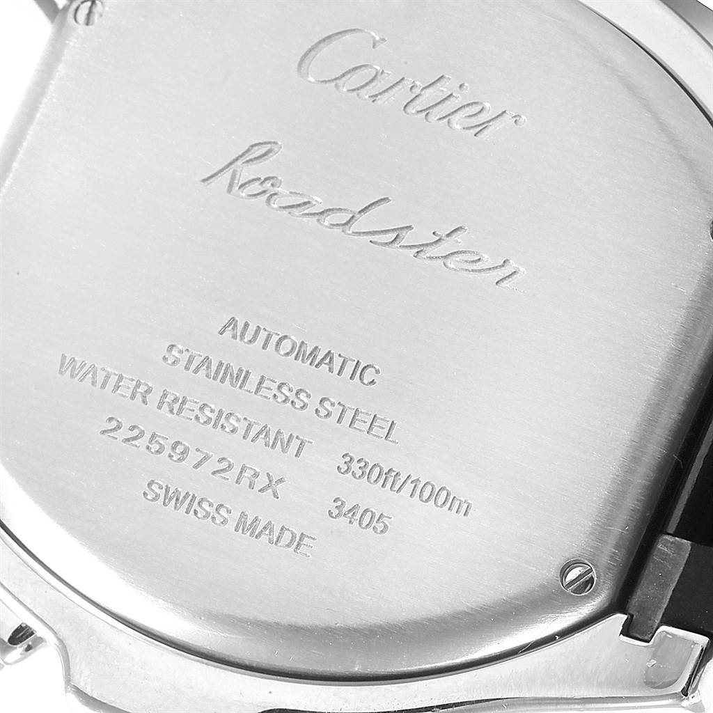 The image shows the back case of a Cartier Roadster W6206020 Men's Stainless Steel Silver Dial W6206020 Men's Stainless Steel Silver Dial watch, displaying engravings about its specifications.