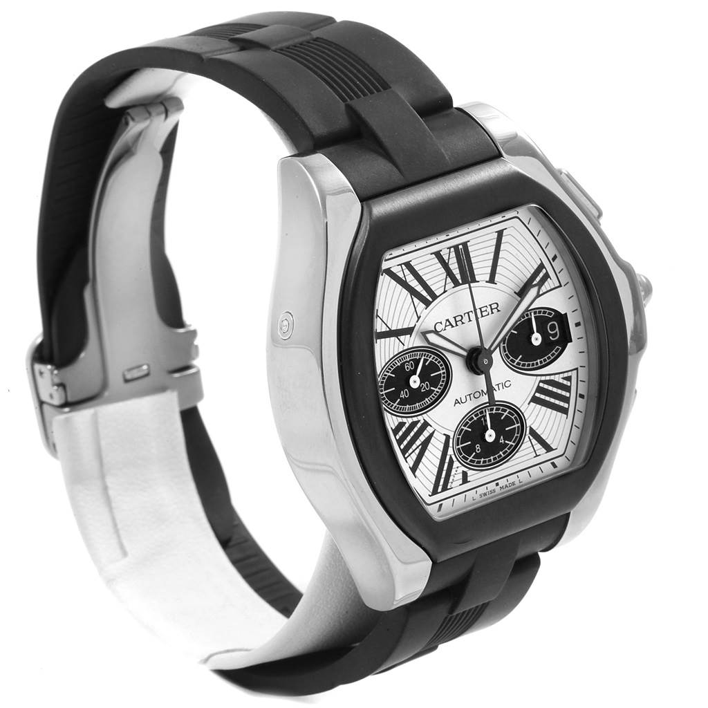 This image shows the front and side view of a Cartier Roadster W6206020 Men's Stainless Steel Silver Dial W6206020 Men's Stainless Steel Silver Dial watch, highlighting its face, bezel, case, and strap.