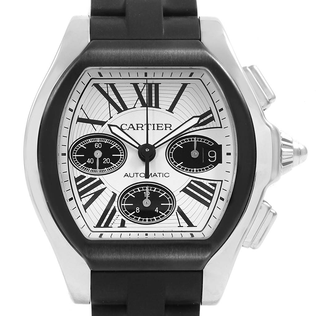 This Cartier Roadster W6206020 Men's Stainless Steel Silver Dial W6206020 Men's Stainless Steel Silver Dial watch is shown from a straight angle, highlighting its dial, case, and partially rubber strap.