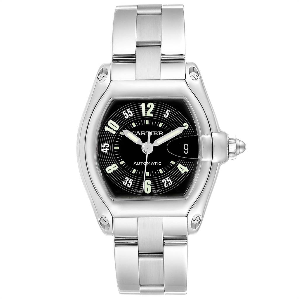 This image is a front view of a Cartier Roadster W62004V3 Men's Stainless Steel Black Dial W62004V3 Men's Stainless Steel Black Dial watch showcasing its face and bracelet.