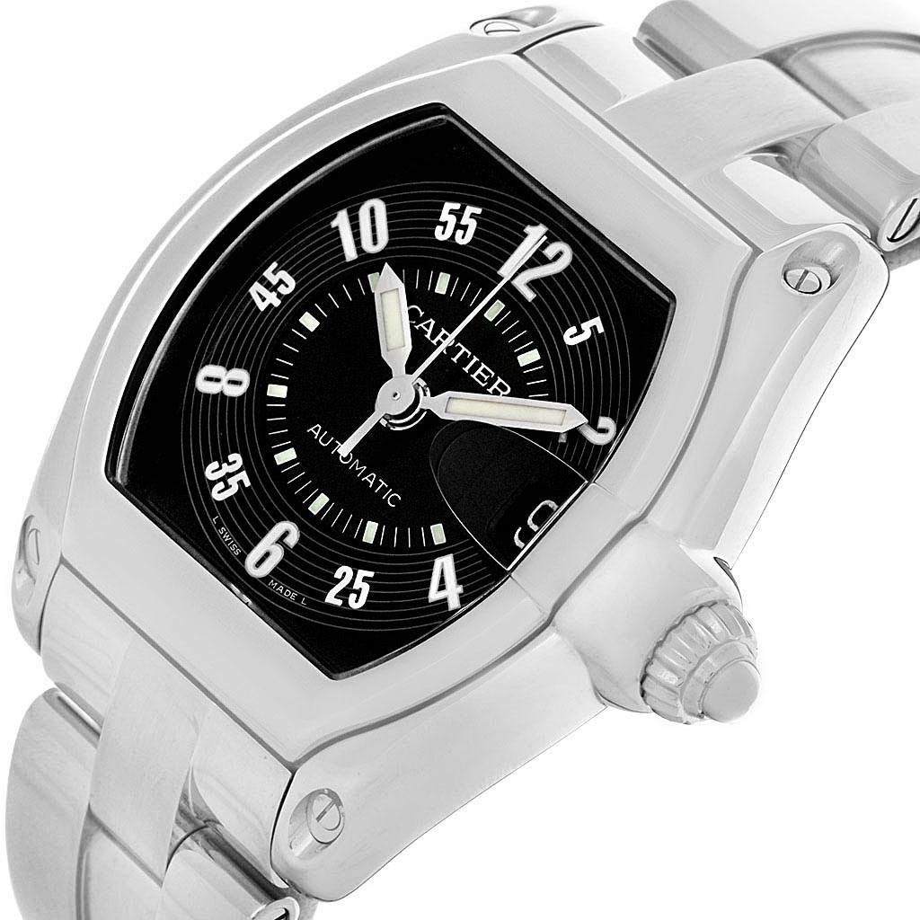 The Cartier Roadster W62004V3 Men's Stainless Steel Black Dial W62004V3 Men's Stainless Steel Black Dial watch is shown at an angled view highlighting its face, case, crown, and part of the bracelet.