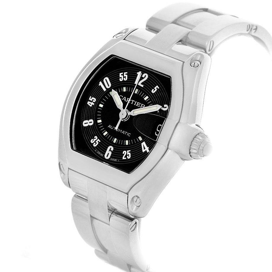 The Cartier Roadster W62004V3 Men's Stainless Steel Black Dial W62004V3 Men's Stainless Steel Black Dial watch is shown from an angled top view, displaying its face, bezel, crown, and part of the bracelet.