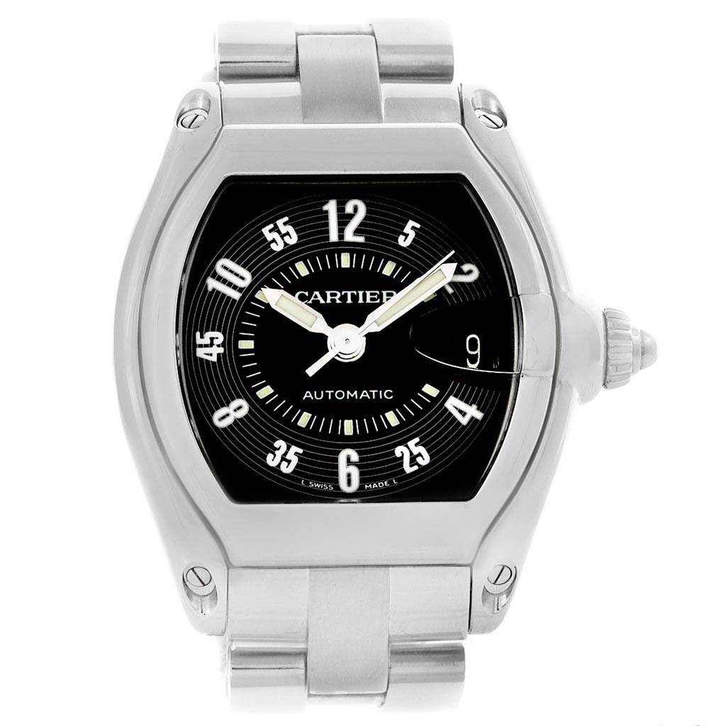 The Cartier Roadster W62004V3 Men's Stainless Steel Black Dial W62004V3 Men's Stainless Steel Black Dial watch is shown from a front angle, displaying the face, hands, and part of the bracelet.
