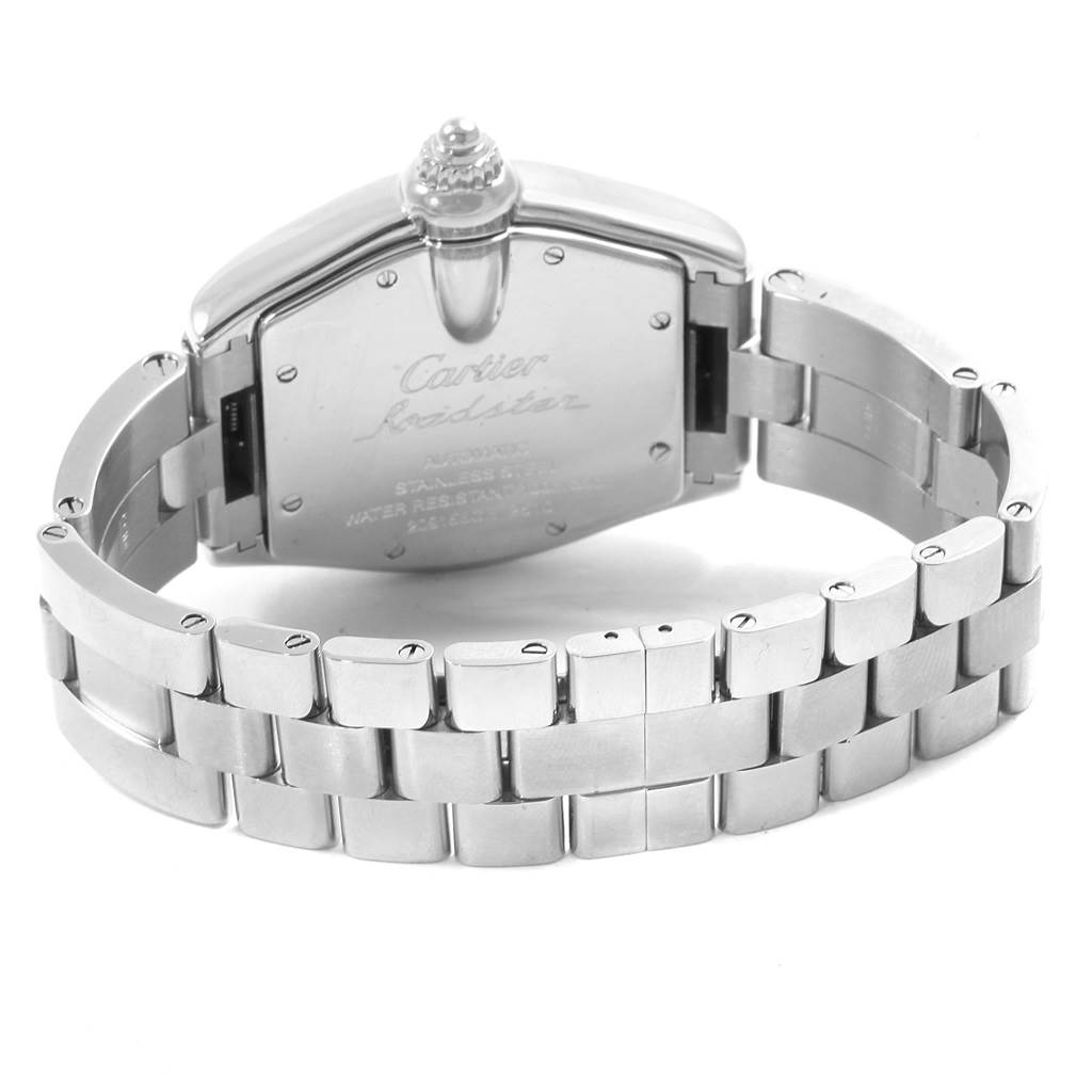 The image shows the back case and bracelet of a Cartier Roadster W62004V3 Men's Stainless Steel Black Dial W62004V3 Men's Stainless Steel Black Dial watch at a slight angle, highlighting the brand engraving.