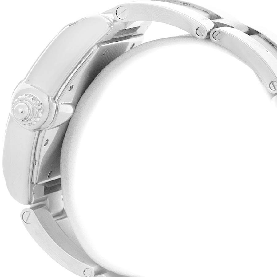 This image shows the side view of the Cartier Roadster W62004V3 Men's Stainless Steel Black Dial W62004V3 Men's Stainless Steel Black Dial watch, highlighting the crown and part of the metal bracelet.