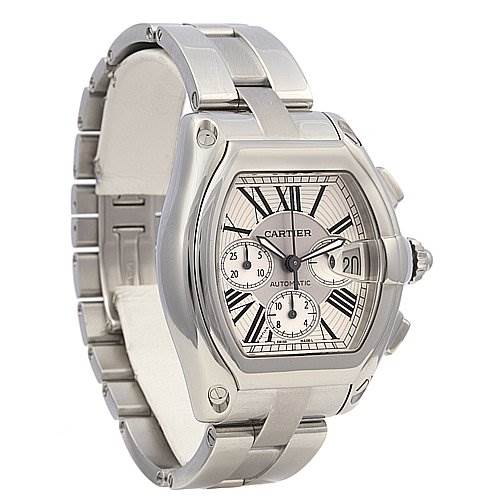 The Cartier Roadster W62019X6 Men's Stainless Steel Silver Dial W62019X6 Men's Stainless Steel Silver Dial watch is shown from a front angle displaying its dial, crown, and bracelet.