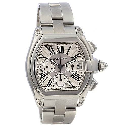 The image shows a front view of a Cartier Roadster W62019X6 Men's Stainless Steel Silver Dial W62019X6 Men's Stainless Steel Silver Dial watch with its silver dial, chronograph subdials, and stainless steel bracelet.