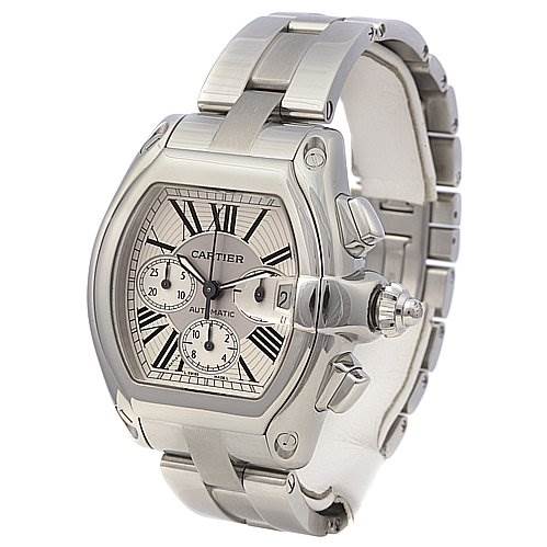 This image shows a Cartier Roadster W62019X6 Men's Stainless Steel Silver Dial W62019X6 Men's Stainless Steel Silver Dial watch from an angled front view, highlighting the dial, crown, and metal bracelet.