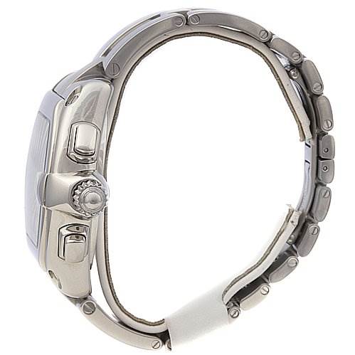 The image shows a side view of the Cartier Roadster W62019X6 Men's Stainless Steel Silver Dial W62019X6 Men's Stainless Steel Silver Dial watch, highlighting the crown, pushers, bezel, and bracelet.