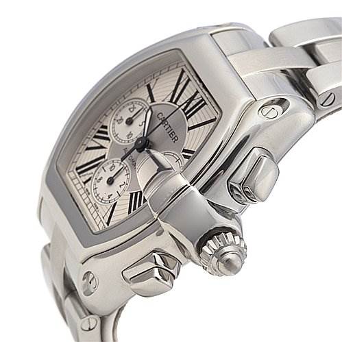 The image shows a close-up angle of the Cartier Roadster W62019X6 Men's Stainless Steel Silver Dial W62019X6 Men's Stainless Steel Silver Dial watch, focusing on the crown, case, dial, and part of the bracelet.