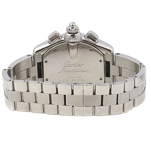 This image shows the back view and stainless steel bracelet of a Cartier Roadster W62019X6 Men's Stainless Steel Silver Dial W62019X6 Men's Stainless Steel Silver Dial watch.