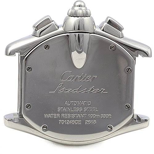 The image shows the back casing of a Cartier Roadster W62019X6 Men's Stainless Steel Silver Dial W62019X6 Men's Stainless Steel Silver Dial watch, highlighting the model name and specifications.