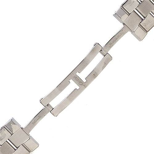 This image shows the stainless steel bracelet clasp of the Cartier Roadster W62019X6 Men's Stainless Steel Silver Dial W62019X6 Men's Stainless Steel Silver Dial watch from an overhead angle.