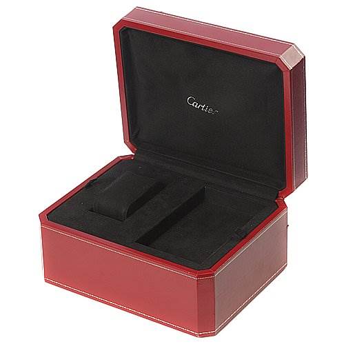 This image shows an open Cartier Roadster W62019X6 Men's Stainless Steel Silver Dial W62019X6 Men's Stainless Steel Silver Dial watch box, displaying its interior compartments for watch storage.