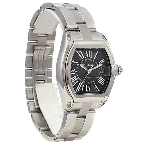 This Cartier Roadster W62025V3 Men's Stainless Steel Black Dial W62025V3 Men's Stainless Steel Black Dial watch is shown from a front angle, highlighting the face, bezel, crown, and metal bracelet.