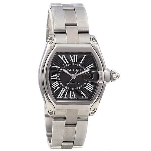 This image shows a frontal view of the Cartier Roadster W62025V3 Men's Stainless Steel Black Dial W62025V3 Men's Stainless Steel Black Dial model watch, highlighting its silver bracelet, black dial, and date window.