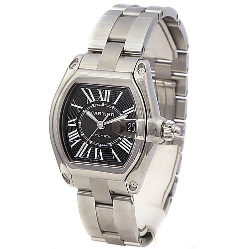 The Cartier Roadster W62025V3 Men's Stainless Steel Black Dial W62025V3 Men's Stainless Steel Black Dial watch is shown from an angled view, displaying its face, bezel, dial, and metal bracelet.