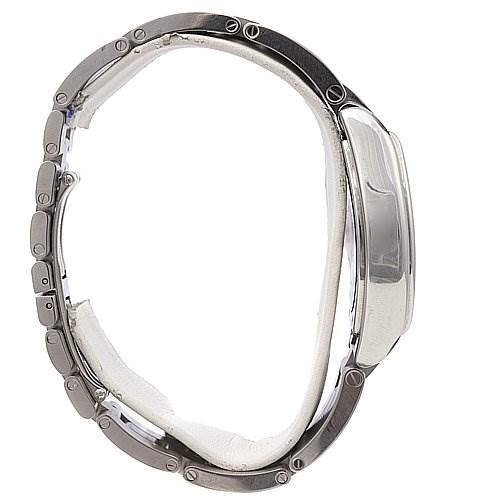 Side view of the Cartier Roadster W62025V3 Men's Stainless Steel Black Dial W62025V3 Men's Stainless Steel Black Dial watch showing the case, bezel, and part of the bracelet.