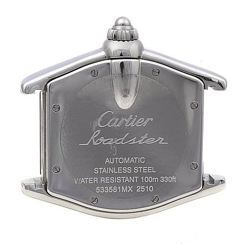 The image shows the back view of a Cartier Roadster W62025V3 Men's Stainless Steel Black Dial W62025V3 Men's Stainless Steel Black Dial watch, highlighting the engraved details and stainless steel casing.