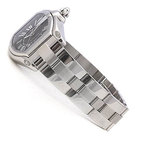 The image shows a side angle of the Cartier Roadster W62025V3 Men's Stainless Steel Black Dial W62025V3 Men's Stainless Steel Black Dial watch, highlighting its case, dial, crown, and metal bracelet.