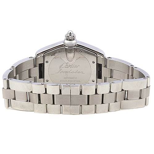 The image shows the back and bracelet of a Cartier Roadster W62025V3 Men's Stainless Steel Black Dial W62025V3 Men's Stainless Steel Black Dial watch, highlighting the case back and stainless steel bracelet links.