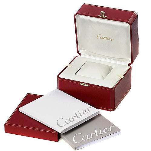 This image shows the packaging and documentation for a Cartier Roadster W62025V3 Men's Stainless Steel Black Dial W62025V3 Men's Stainless Steel Black Dial watch, including a red presentation box and booklets.