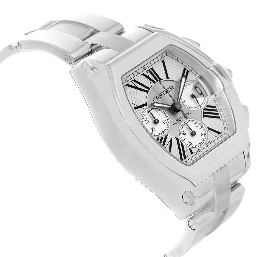 The image shows a Cartier Roadster W62019X6 Men's Stainless Steel Silver Dial W62019X6 Men's Stainless Steel Silver Dial watch at a side angle, highlighting its face, bracelet, and crown.