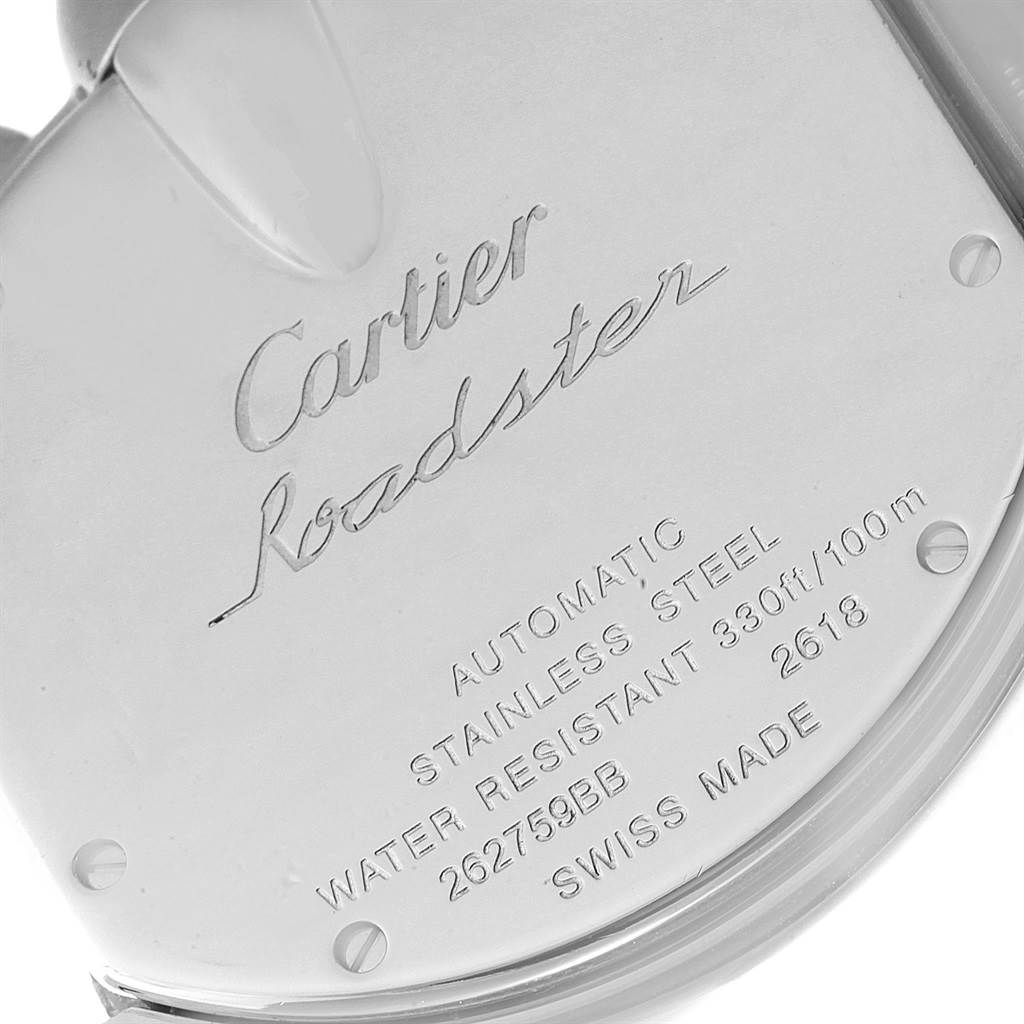 This image shows the back case of a Cartier Roadster W62019X6 Men's Stainless Steel Silver Dial W62019X6 Men's Stainless Steel Silver Dial watch, highlighting the engraved details.