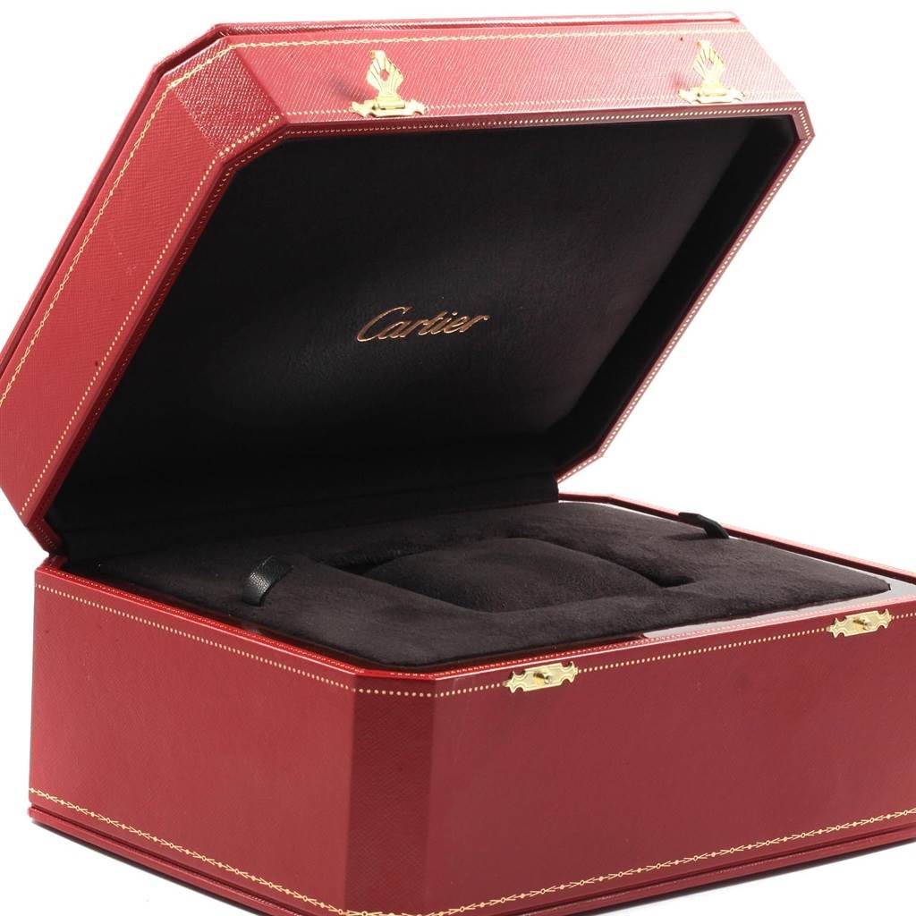 The image shows an open, red Cartier watch box, presumably for the Roadster model.