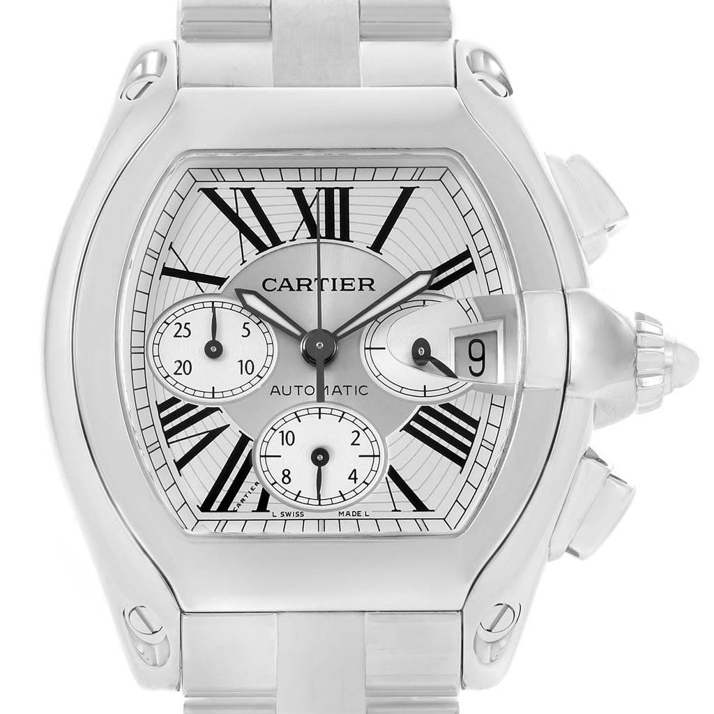 The image shows a frontal view of the Cartier Roadster W62019X6 Men's Stainless Steel Silver Dial W62019X6 Men's Stainless Steel Silver Dial watch, displaying its dial, subdials, and bracelet.