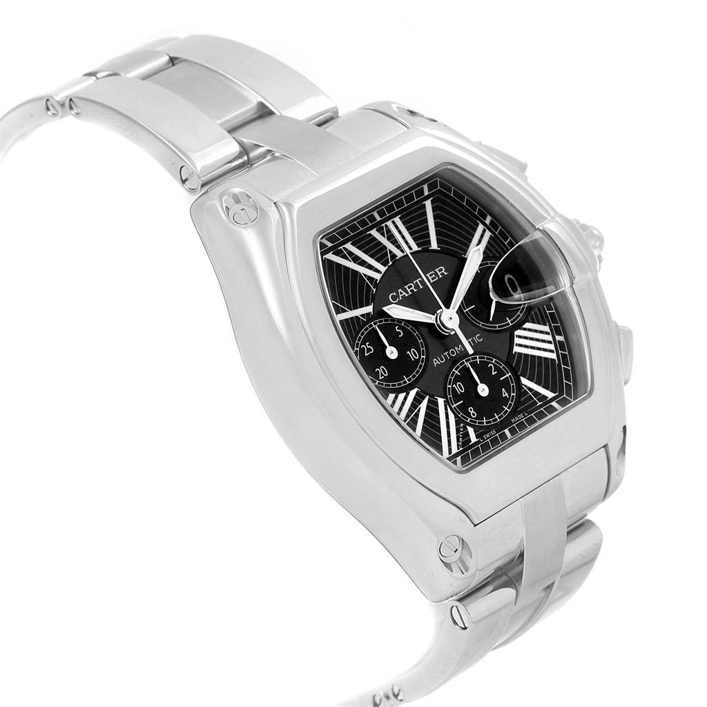 This image shows a Cartier Roadster W62020X6 Men's Stainless Steel Black Dial W62020X6 Men's Stainless Steel Black Dial watch angled from the side, showcasing the case, dial, and part of the bracelet.