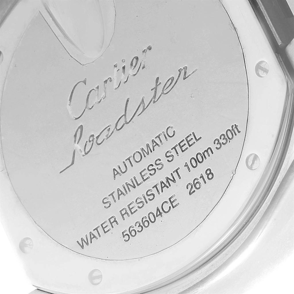 The image shows the back case of a Cartier Roadster W62020X6 Men's Stainless Steel Black Dial W62020X6 Men's Stainless Steel Black Dial watch, highlighting details like material, water resistance, and model number.