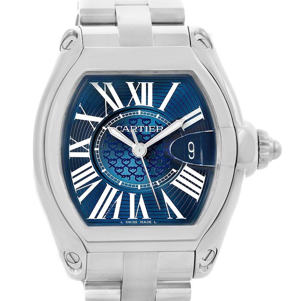 This image shows a frontal view of the Cartier Roadster W6206012 Men
s Stainless Steel Blue Dial W6206012 Men
s Stainless Steel Blue Dial watch, highlighting its face, dial, and bracelet.