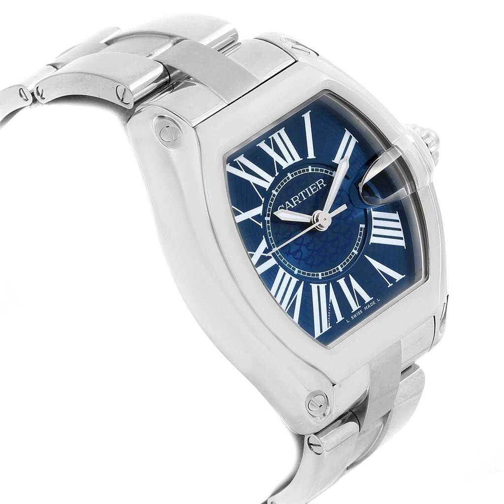 The Cartier Roadster W6206012 Men
s Stainless Steel Blue Dial W6206012 Men
s Stainless Steel Blue Dial watch is shown at a slight angle, highlighting the Roman numeral dial, crown, and part of the bracelet.