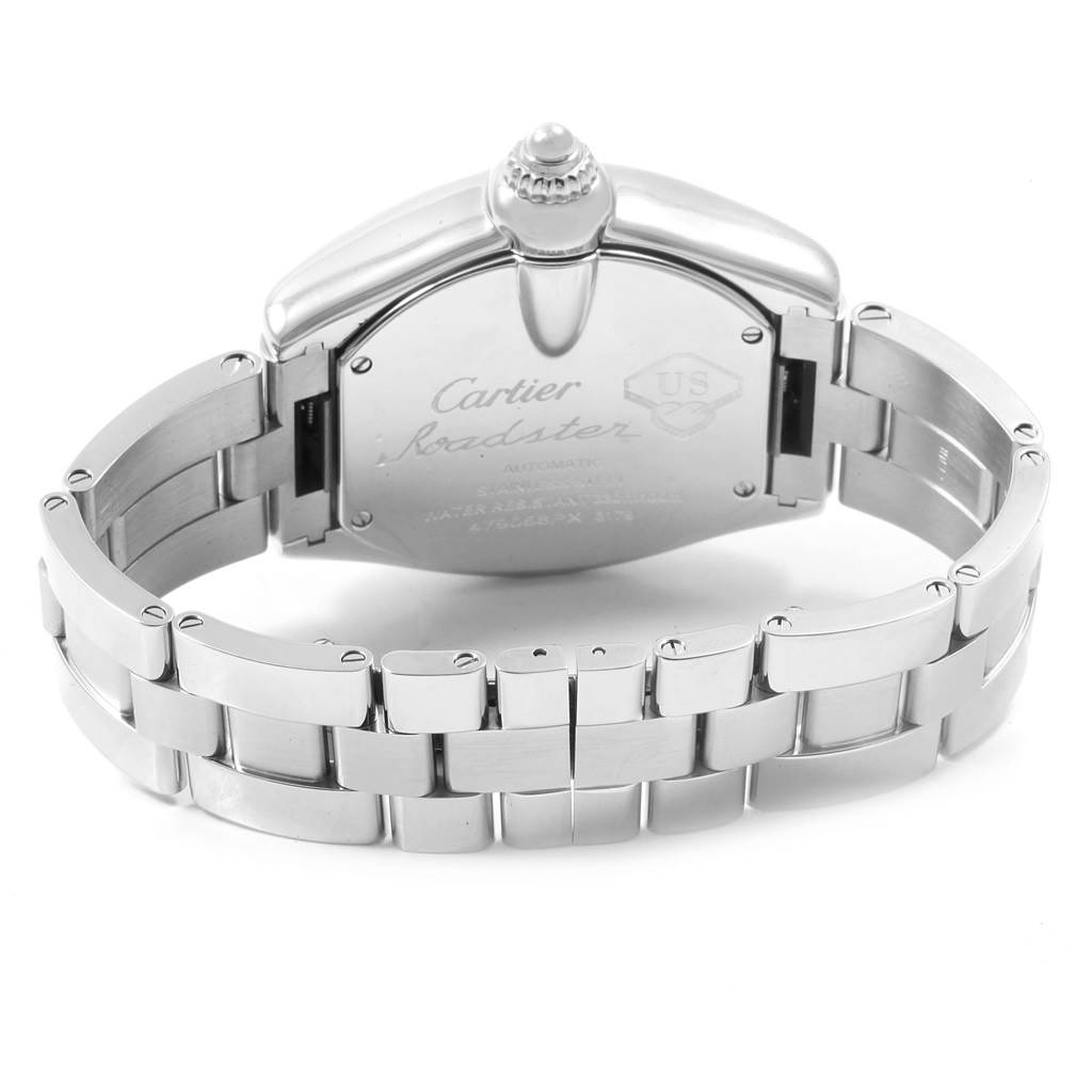 The image shows the back view of a Cartier Roadster W6206012 Men
s Stainless Steel Blue Dial W6206012 Men
s Stainless Steel Blue Dial watch, highlighting the case back and metal bracelet.