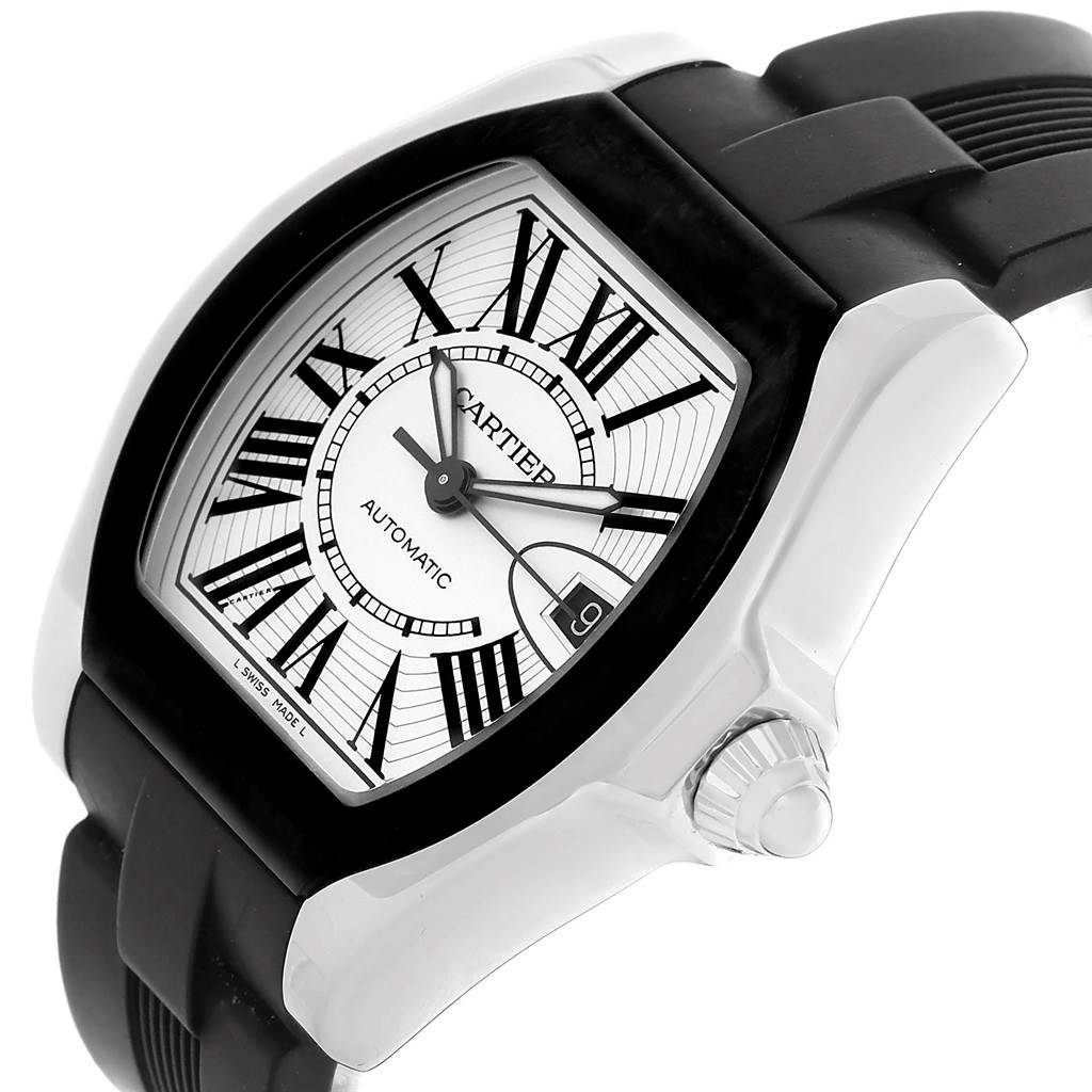 The Cartier Roadster W6206018 Men
s Stainless Steel Silver Dial W6206018 Men
s Stainless Steel Silver Dial watch is shown at a slight angle displaying the dial, crown, and part of the black strap.