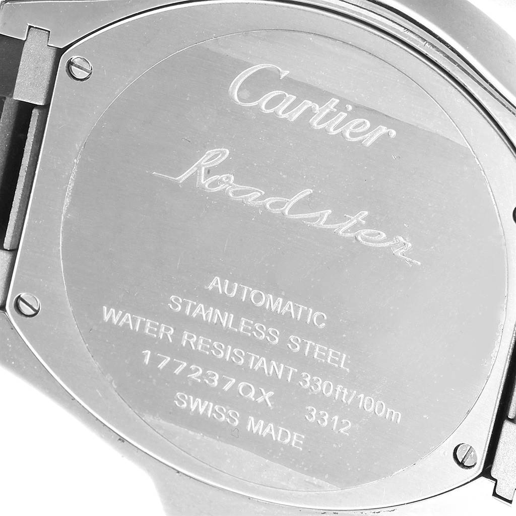 The image shows the back of the Cartier Roadster W6206018 Men
s Stainless Steel Silver Dial W6206018 Men
s Stainless Steel Silver Dial watch, highlighting its specifications such as water resistance and material.
